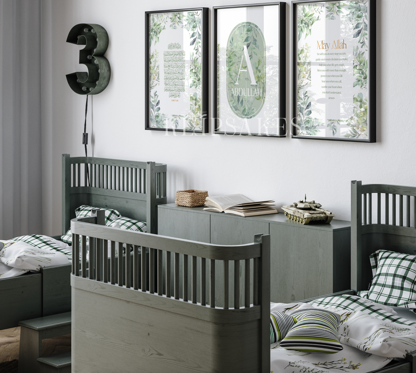 PERSONALISED - Green Leaves Trio | Islamic Nursery Decor | Boys Decor