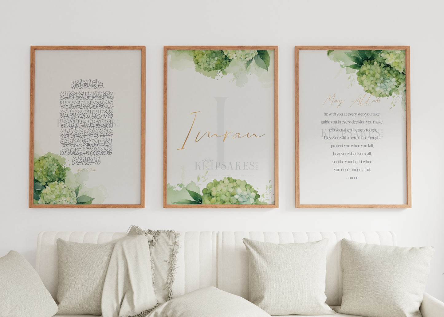 PERSONALISED - Green Hydrangea Trio | Islamic Nursery Decor | Boys Decor