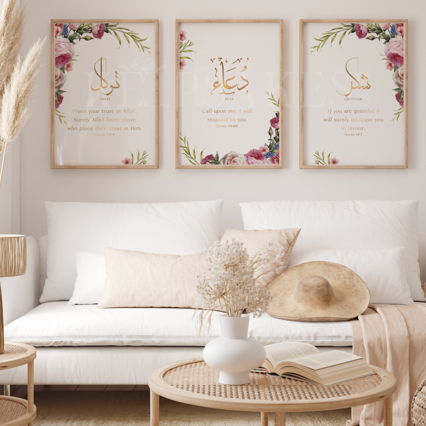 Shukr, Tawakkul, Dua - Pink Floral Trio