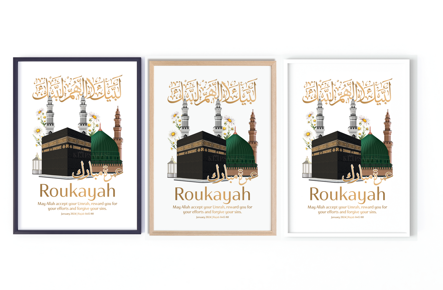 Personalised Umrah Frame | Kabah & Masjid Nabawi | Florals