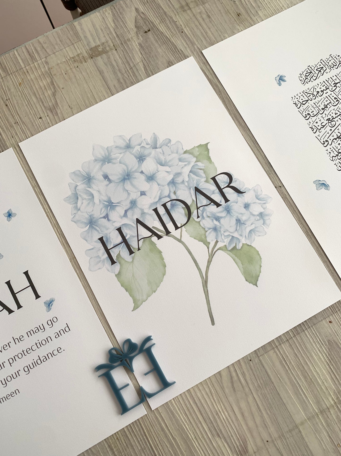 PERSONALISED - Blue Hydrangea Trio | Islamic Nursery Decor | Boys Decor