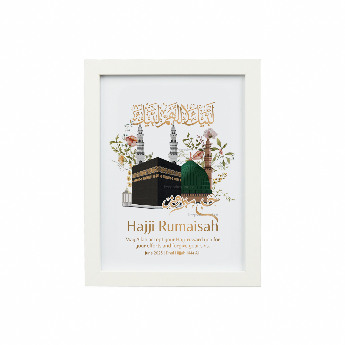 Personalised Hajj Mabroor gift | Floral Kabah & Masjid Nabawi