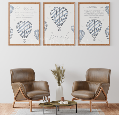 PERSONALISED - Hot Air Balloon Trio (Blue) | Islamic Nursery Decor | Boys Decor