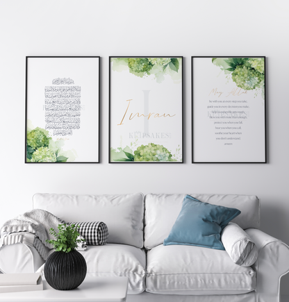 PERSONALISED - Green Hydrangea Trio | Islamic Nursery Decor | Boys Decor