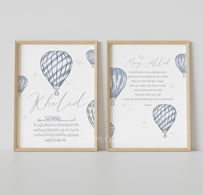 PERSONALISED - Hot Air Balloon Duo (Blue) | Islamic Nursery Decor | Boys Decor